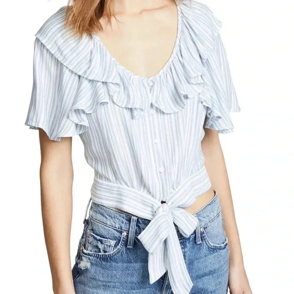 0387. FREE‎ PEOPLE THE ROSEMARY TOP RUFFLES AND TIE FULLY BUTTON SIZE LARGE